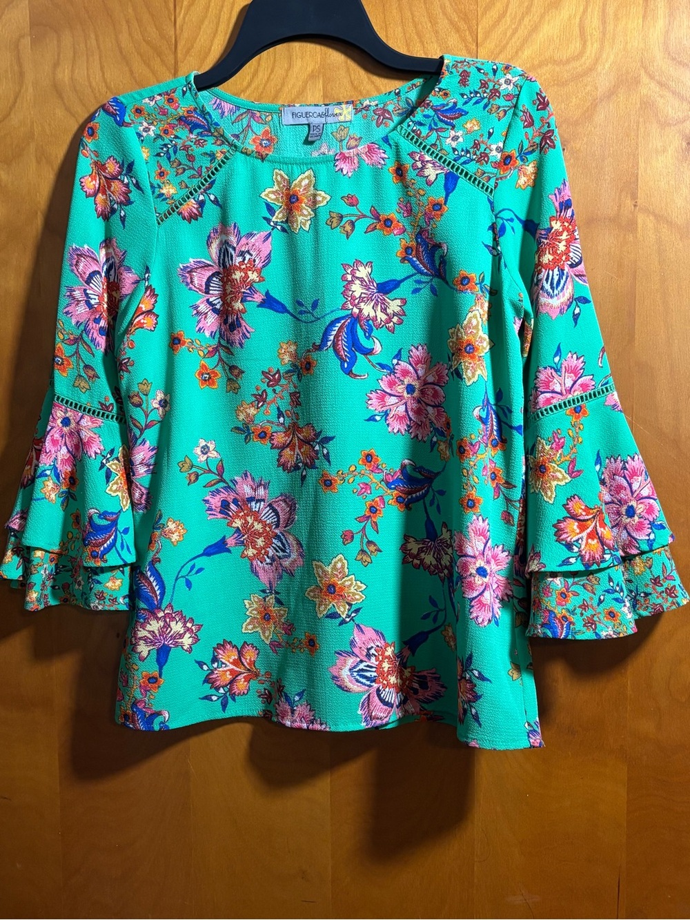 Turquoise Floral Bell-Sleeve Blouse, size petite small